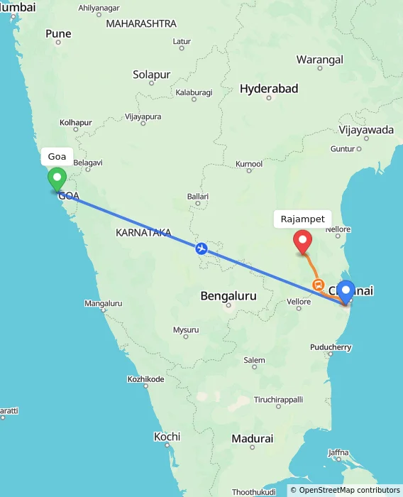 Route map showing distance and travel time from Goa, India to Rajampet, India