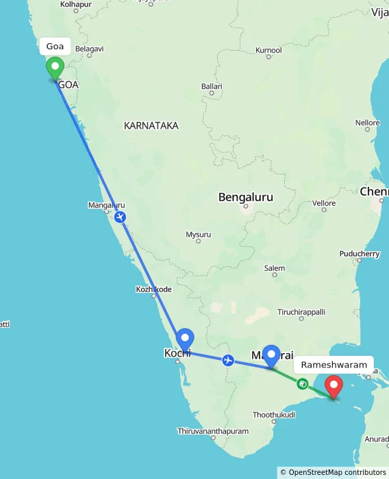 Route map showing distance and travel time from Goa, India to Rameshwaram, India