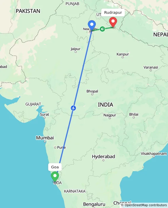 Route map showing distance and travel time from Goa, India to Rudrapur, India