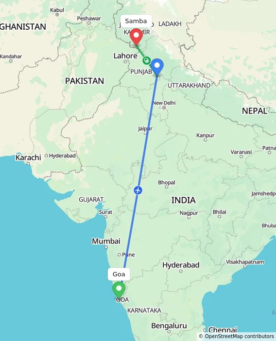Route map showing distance and travel time from Goa, India to Samba, India