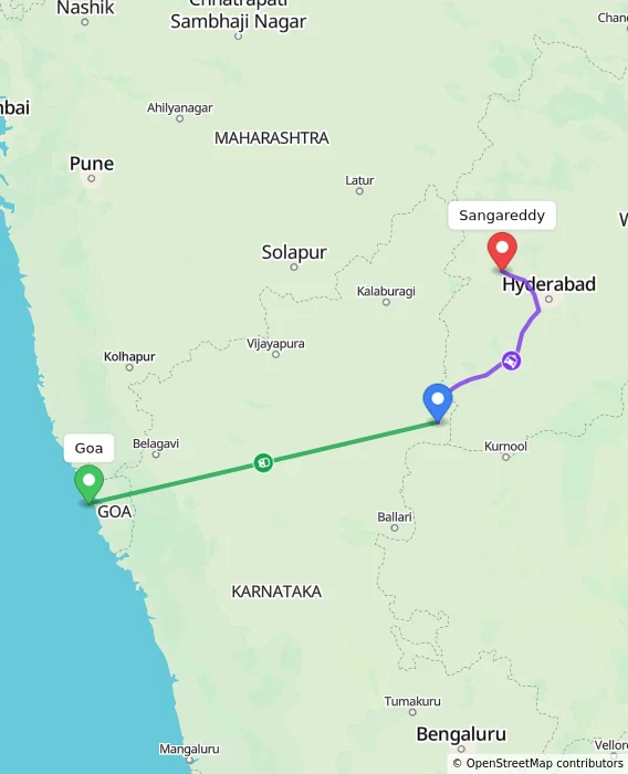 Route map showing distance and travel time from Goa, India to Sangareddy, India