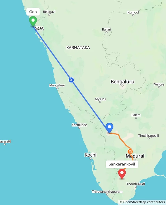 Route map showing distance and travel time from Goa, India to Sankarankovil, India