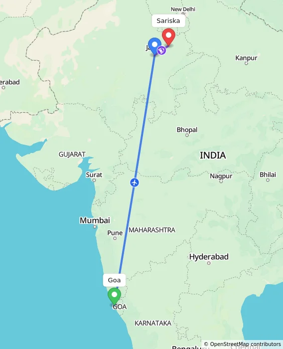 Route map showing distance and travel time from Goa, India to Sariska, India