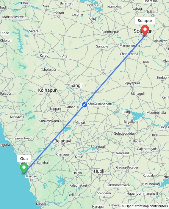 Route map showing distance and travel time from Goa, India to Solapur, India