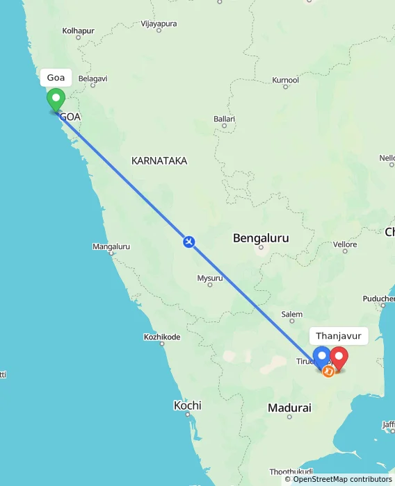 Route map showing distance and travel time from Goa, India to Thanjavur, India