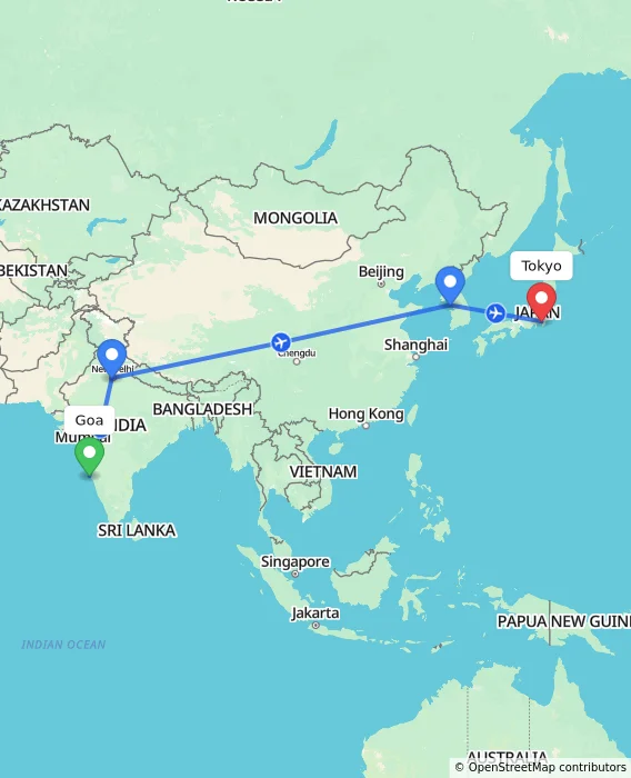 Route map showing distance and travel time from Goa, India to Tokyo, Japan