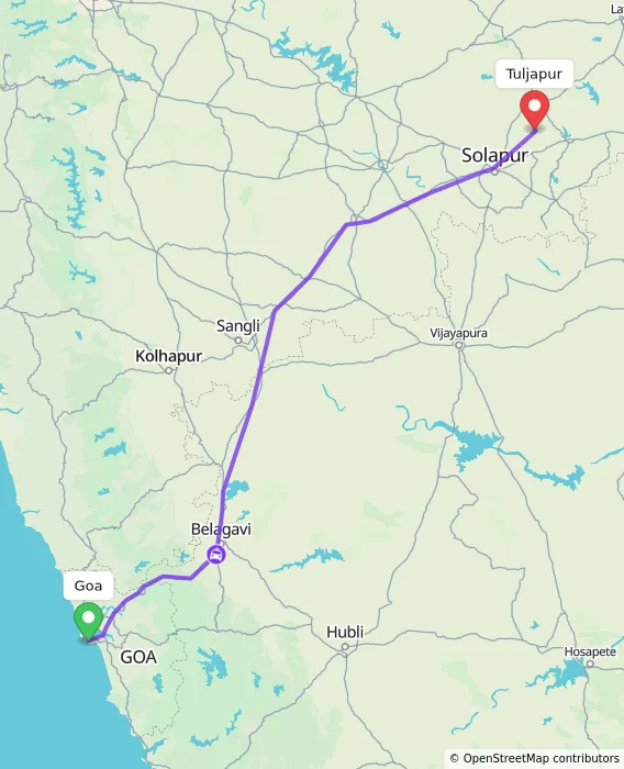 Route map showing distance and travel time from Goa, India to Tuljapur, India