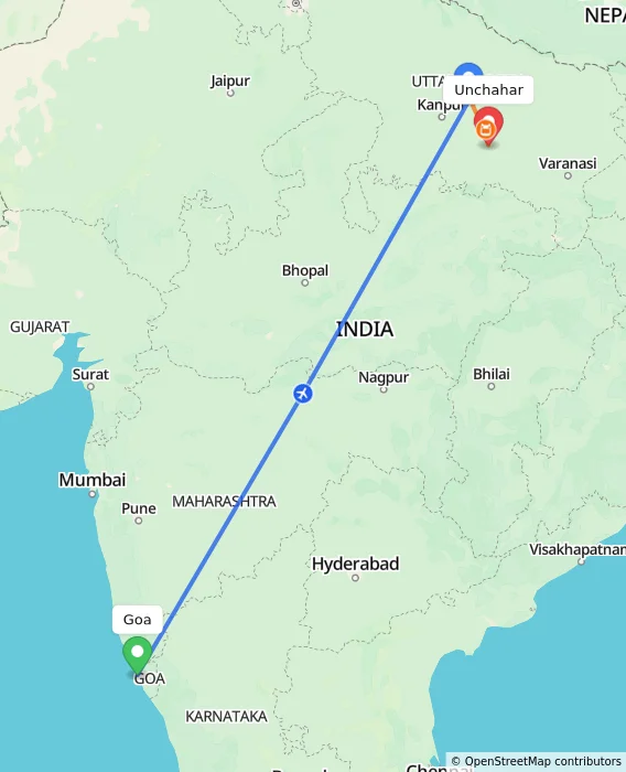 Route map showing distance and travel time from Goa, India to Unchahar, India
