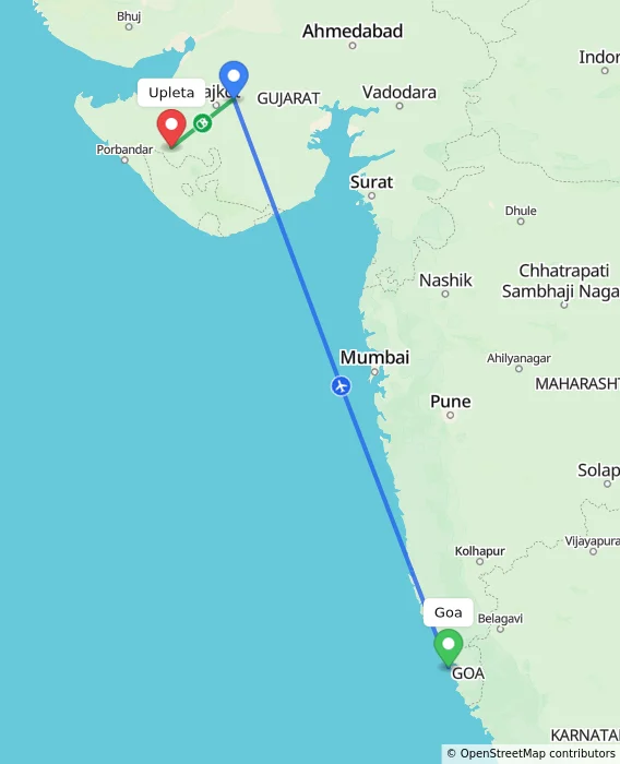 Route map showing distance and travel time from Goa, India to Upleta, India