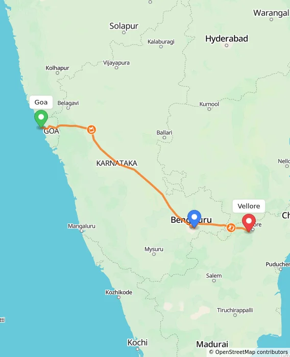 Route map showing distance and travel time from Goa, India to Vellore, India