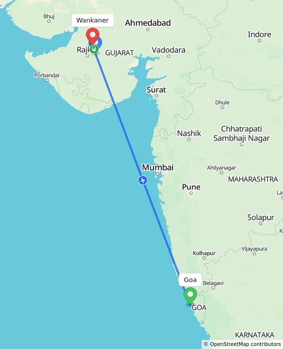 Route map showing distance and travel time from Goa, India to Wankaner, India