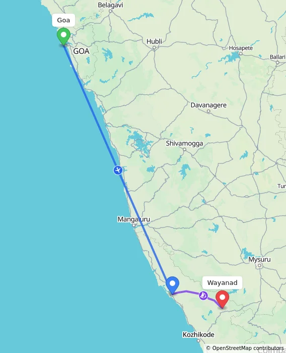 Route map showing distance and travel time from Goa, India to Wayanad, India