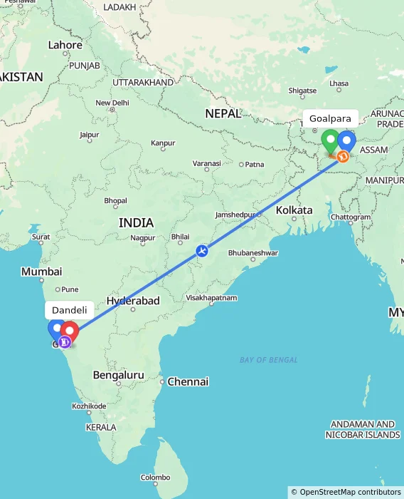 Route map showing distance and travel time from Goalpara, India to Dandeli, India