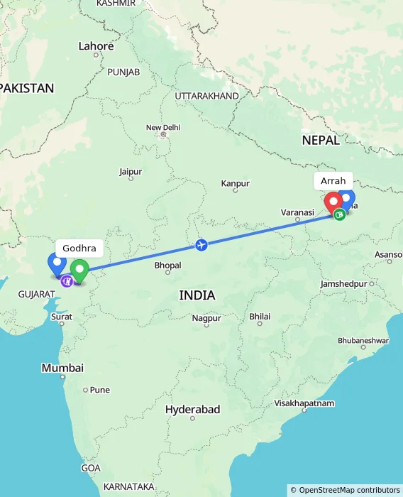 Route map showing distance and travel time from Godhra, India to Arrah, India