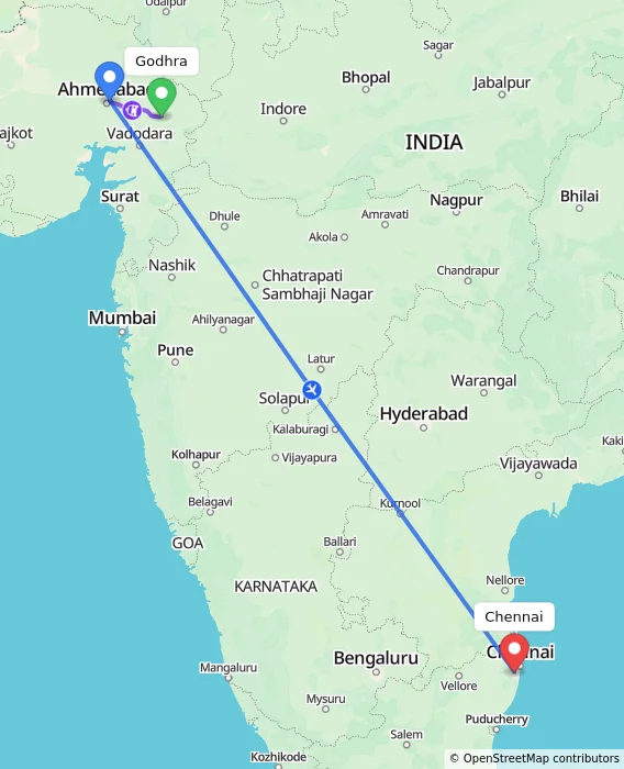 Route map showing distance and travel time from Godhra, India to Chennai, India