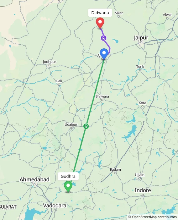 Route map showing distance and travel time from Godhra, India to Didwana, India