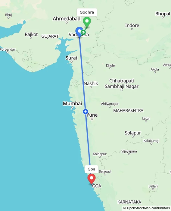 Route map showing distance and travel time from Godhra, India to Goa, India