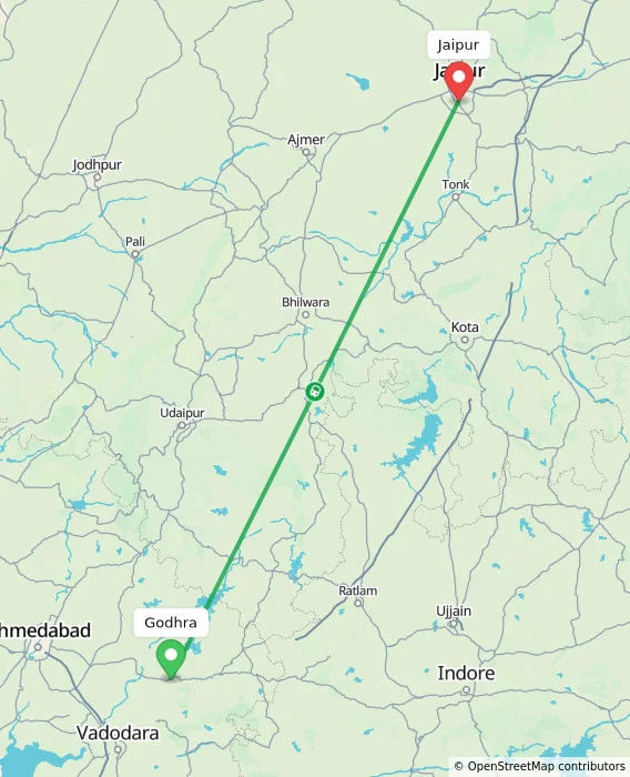 Route map showing distance and travel time from Godhra, India to Jaipur, India