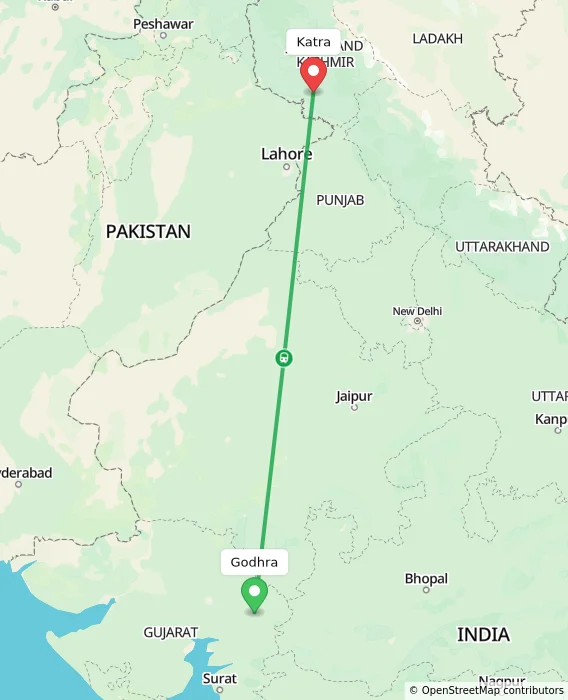 Route map showing distance and travel time from Godhra, India to Katra, India