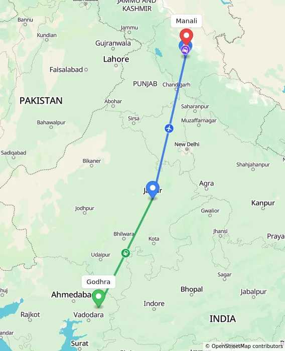 Route map showing distance and travel time from Godhra, India to Manali, India
