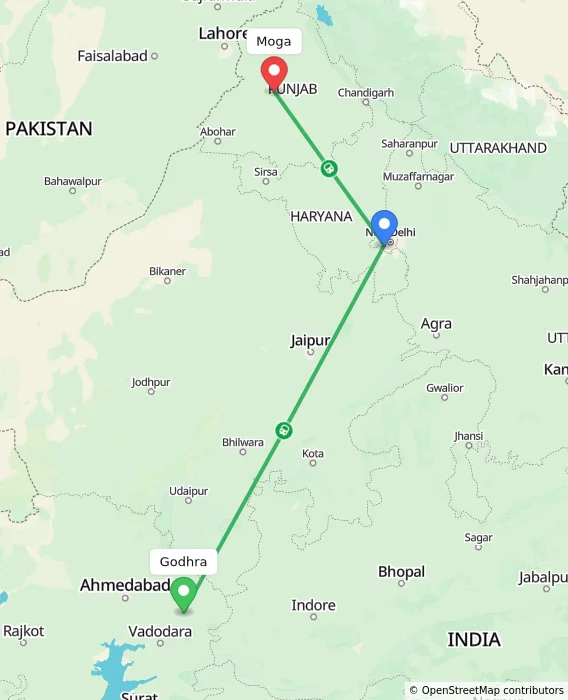 Route map showing distance and travel time from Godhra, India to Moga, India
