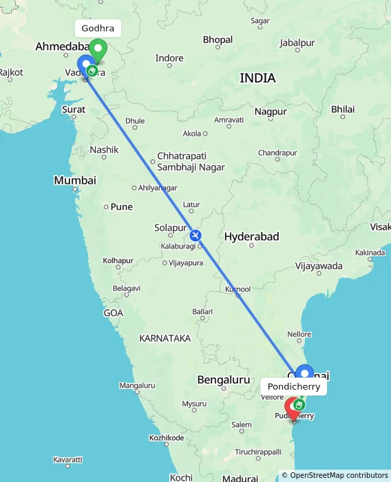 Route map showing distance and travel time from Godhra, India to Pondicherry, India
