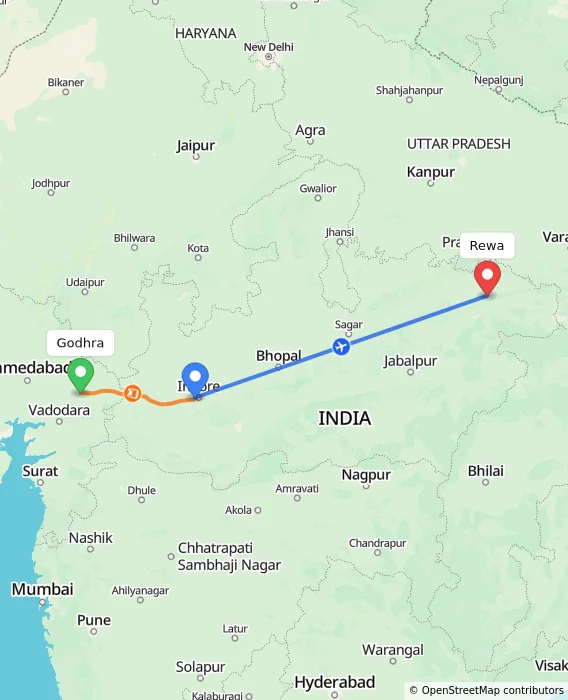 Route map showing distance and travel time from Godhra, India to Rewa, India