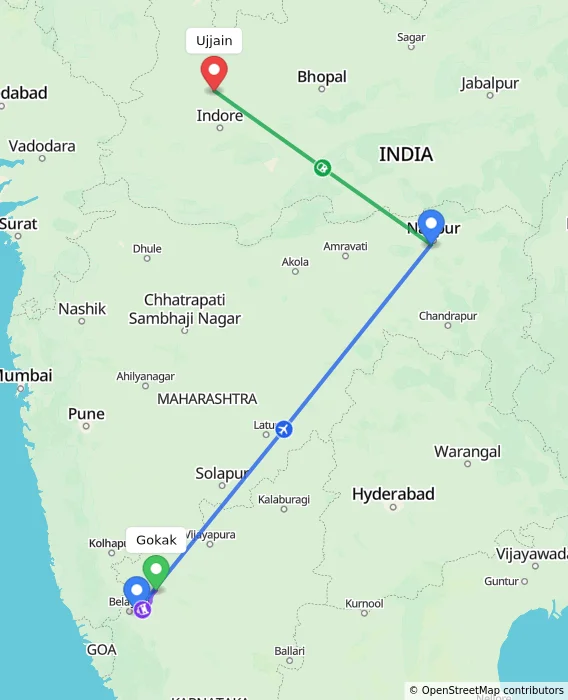 Route map showing distance and travel time from Gokak, India to Ujjain, India