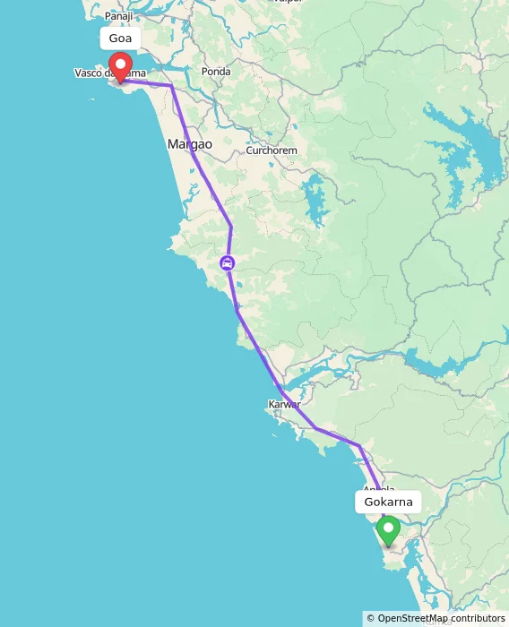Route map showing distance and travel time from Gokarna, India to Goa, India