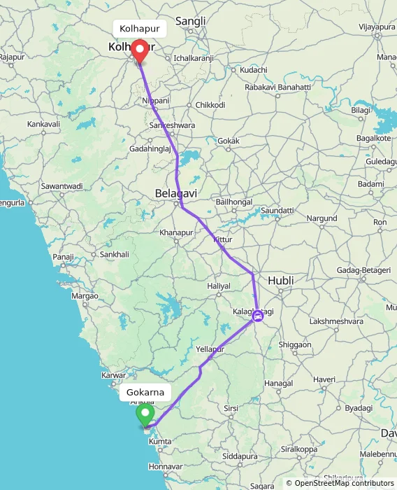 Route map showing distance and travel time from Gokarna, India to Kolhapur, India