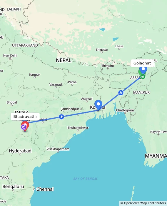 Route map showing distance and travel time from Golaghat, India to Bhadravathi, India