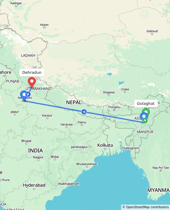 Route map showing distance and travel time from Golaghat, India to Dehradun, India