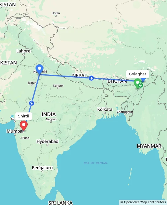 Route map showing distance and travel time from Golaghat, India to Shirdi, India