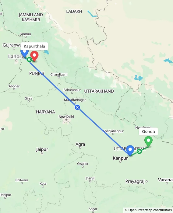 Route map showing distance and travel time from Gonda, India to Kapurthala, India