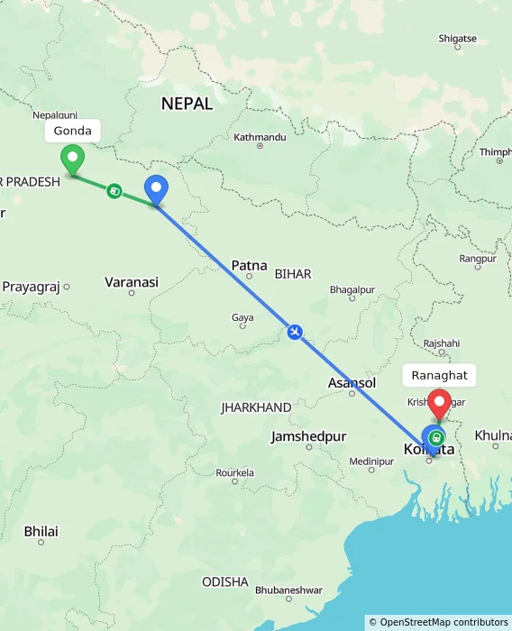Route map showing distance and travel time from Gonda, India to Ranaghat, India