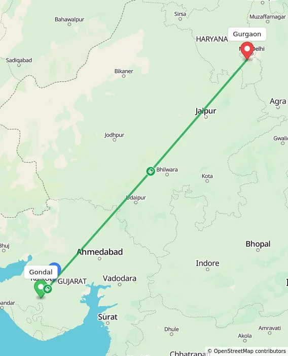 Route map showing distance and travel time from Gondal, India to Gurgaon, India