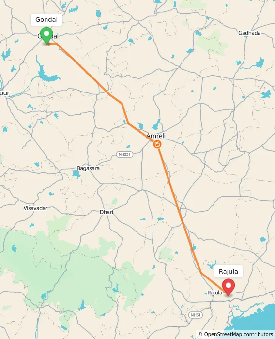Route map showing distance and travel time from Gondal, India to Rajula, India