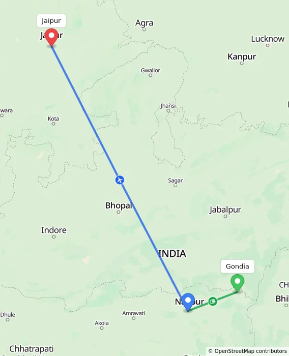 Route map showing distance and travel time from Gondia, India to Jaipur, India
