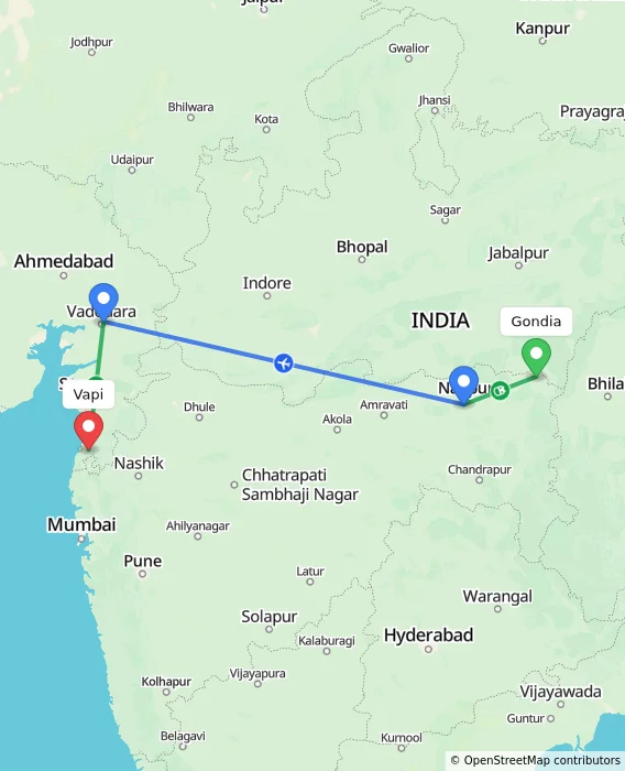 Route map showing distance and travel time from Gondia, India to Vapi, India