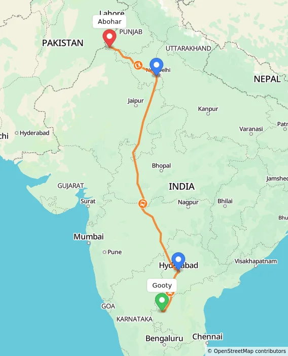 Route map showing distance and travel time from Gooty, India to Abohar, India