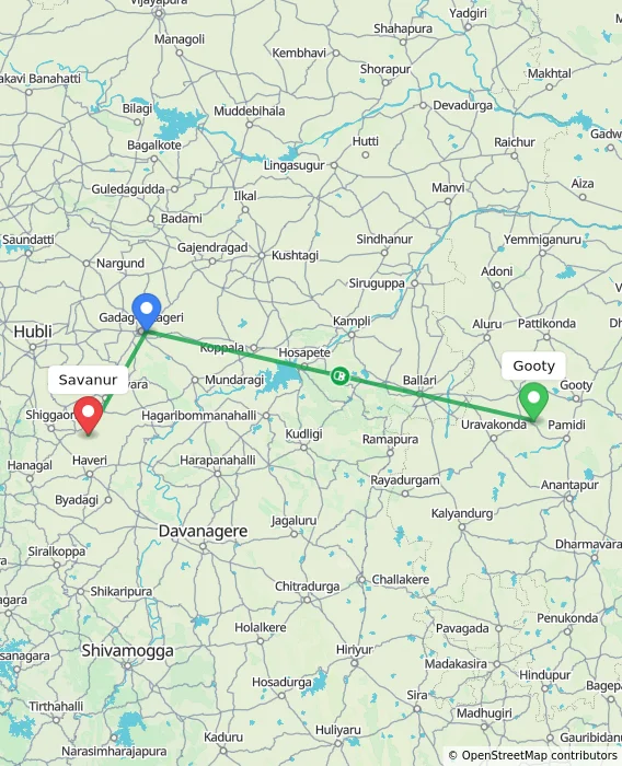 Route map showing distance and travel time from Gooty, India to Savanur, India