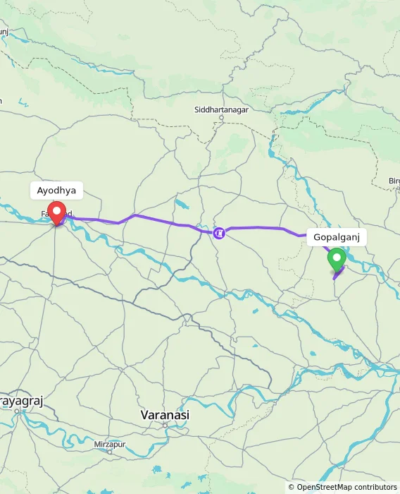 Route map showing distance and travel time from Gopalganj, India to Ayodhya, India