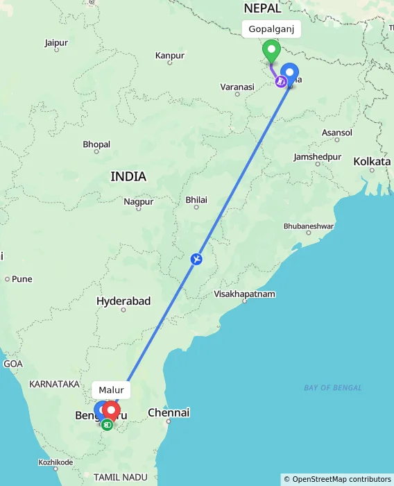 Route map showing distance and travel time from Gopalganj, India to Malur, India