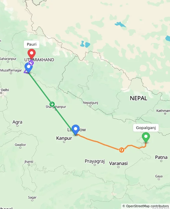 Route map showing distance and travel time from Gopalganj, India to Pauri, India