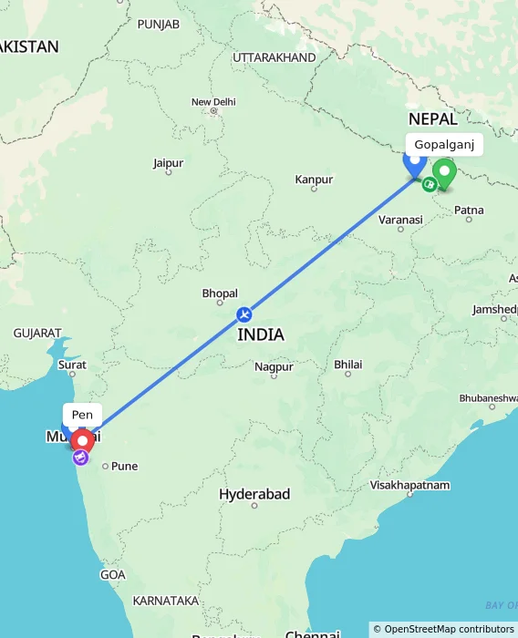 Route map showing distance and travel time from Gopalganj, India to Pen, India