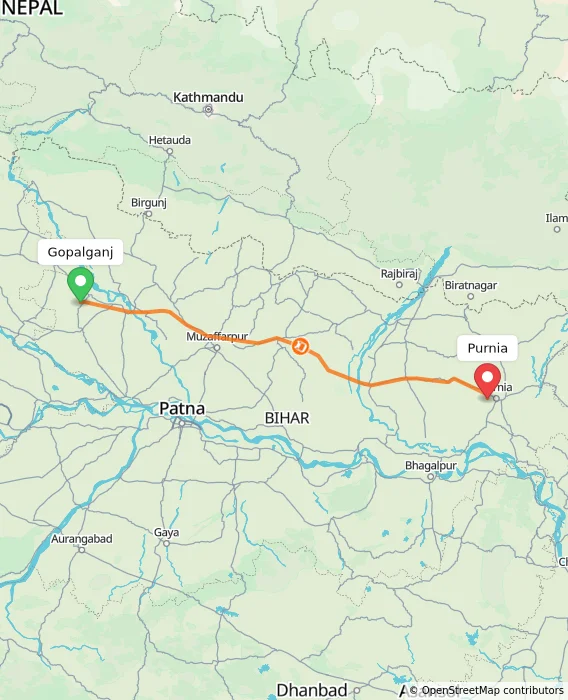 Route map showing distance and travel time from Gopalganj, India to Purnia, India