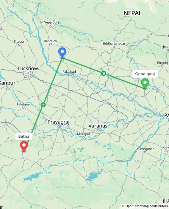 Route map showing distance and travel time from Gopalganj, India to Satna, India