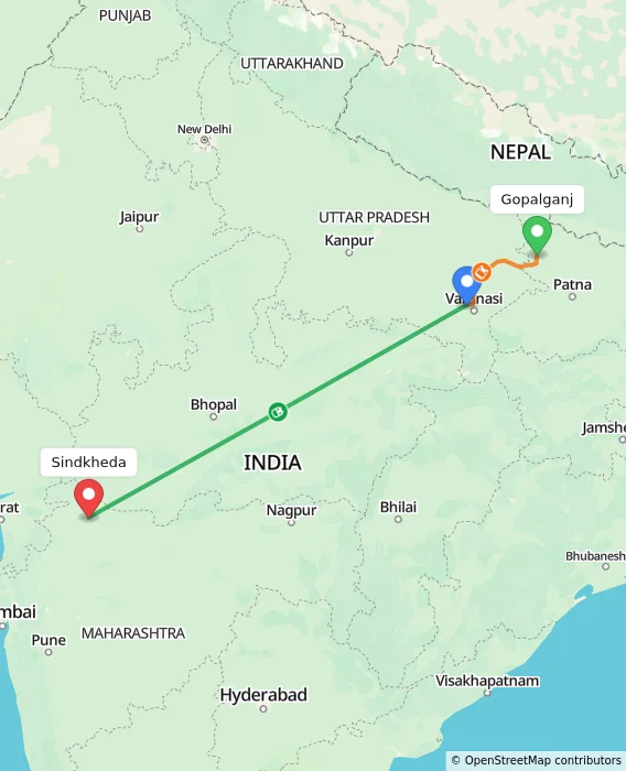 Route map showing distance and travel time from Gopalganj, India to Sindkheda, India