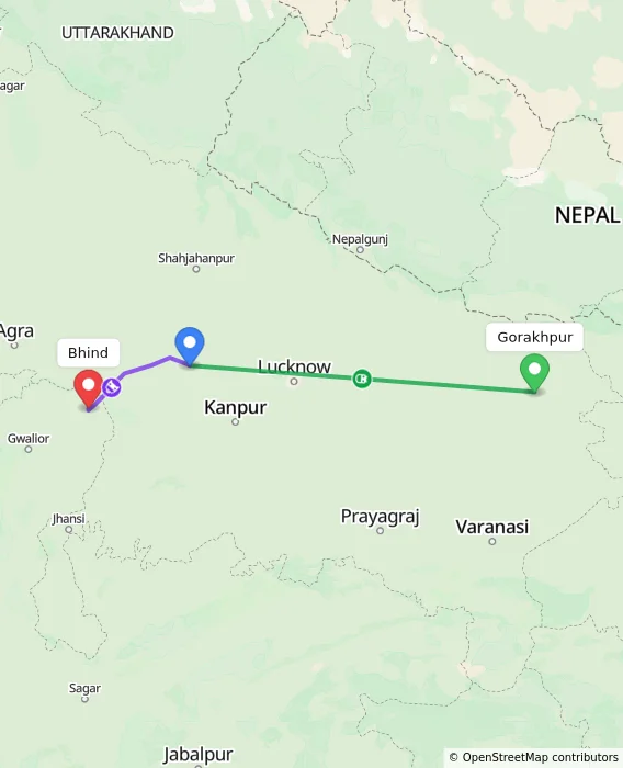 Route map showing distance and travel time from Gorakhpur, India to Bhind, India