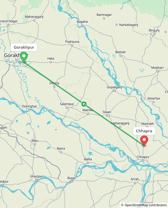 Route map showing distance and travel time from Gorakhpur, India to Chhapra, India